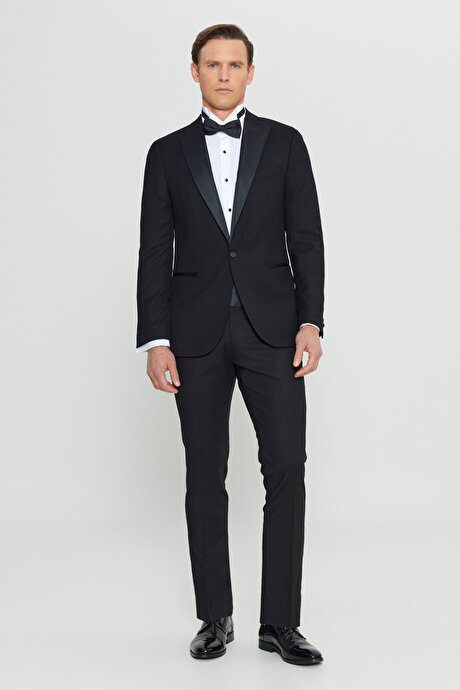 Slim Fit Dar Kesim Kırlangıç Yaka Fleto Cepli Damatlık Siyah Smokin Takım resmi