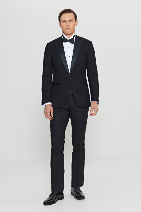 Slim Fit Dar Kesim Kırlangıç Yaka Fleto Cepli Damatlık Siyah Smokin Takım resmi