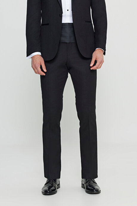 Slim Fit Dar Kesim Kırlangıç Yaka Fleto Cepli Damatlık Siyah Smokin Takım resmi