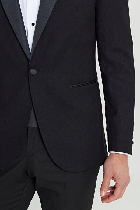 Slim Fit Dar Kesim Kırlangıç Yaka Fleto Cepli Damatlık Siyah Smokin Takım resmi