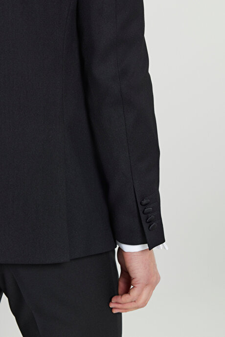 Slim Fit Dar Kesim Kırlangıç Yaka Fleto Cepli Damatlık Siyah Smokin Takım resmi