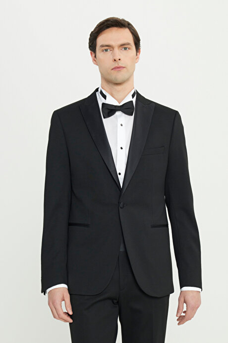 Slim Fit Dar Kesim Çıkma Kırlangıç Yaka Çift Fleto Cepli Esnek Damatlık Siyah Smokin Takım resmi