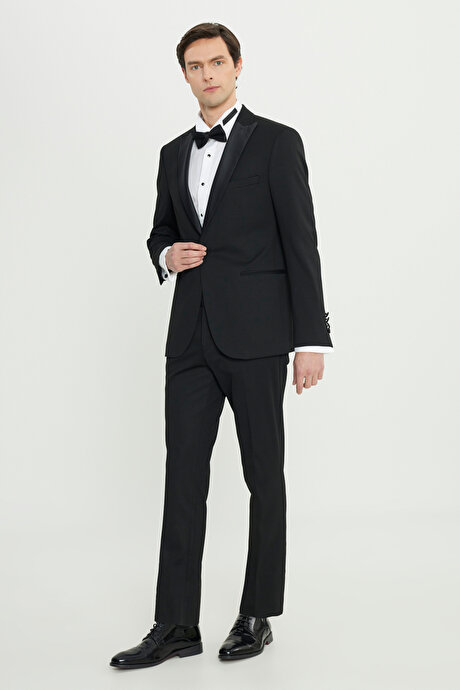 Slim Fit Dar Kesim Çıkma Kırlangıç Yaka Çift Fleto Cepli Esnek Damatlık Siyah Smokin Takım resmi