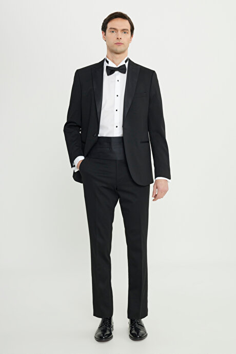 Slim Fit Dar Kesim Çıkma Kırlangıç Yaka Çift Fleto Cepli Esnek Damatlık Siyah Smokin Takım resmi