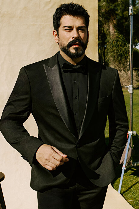 Slim Fit Dar Kesim Çıkma Kırlangıç Yaka Çift Fleto Cepli Esnek Damatlık Siyah Smokin Takım resmi