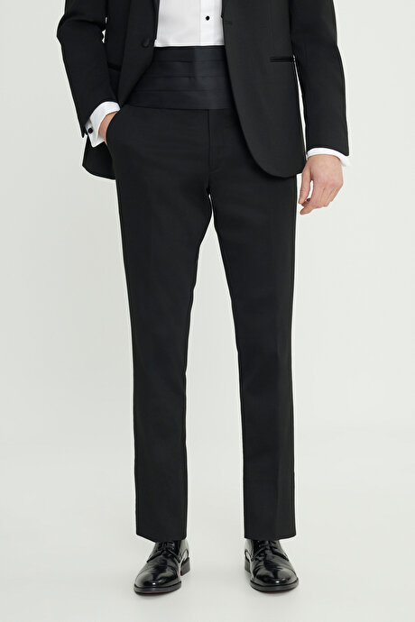 Slim Fit Dar Kesim Çıkma Kırlangıç Yaka Çift Fleto Cepli Esnek Damatlık Siyah Smokin Takım resmi