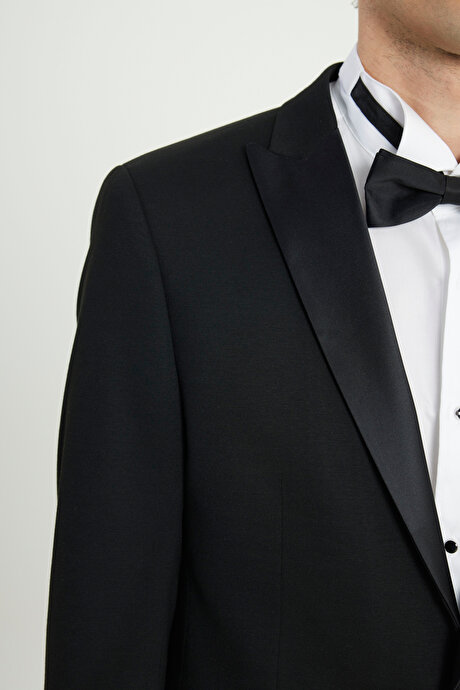 Slim Fit Dar Kesim Çıkma Kırlangıç Yaka Çift Fleto Cepli Esnek Damatlık Siyah Smokin Takım resmi