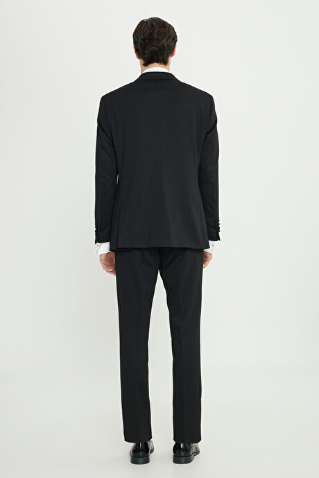 Slim Fit Dar Kesim Çıkma Kırlangıç Yaka Çift Fleto Cepli Esnek Damatlık Siyah Smokin Takım resmi