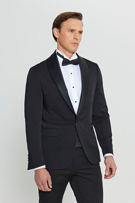 Slim Fit Dar Kesim Çıkma Şal Yaka Armürlü Kapak Cep Siyah Smokin Takım resmi