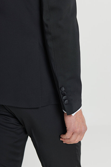Slim Fit Dar Kesim Çıkma Şal Yaka Armürlü Kapak Cep Siyah Smokin Takım resmi