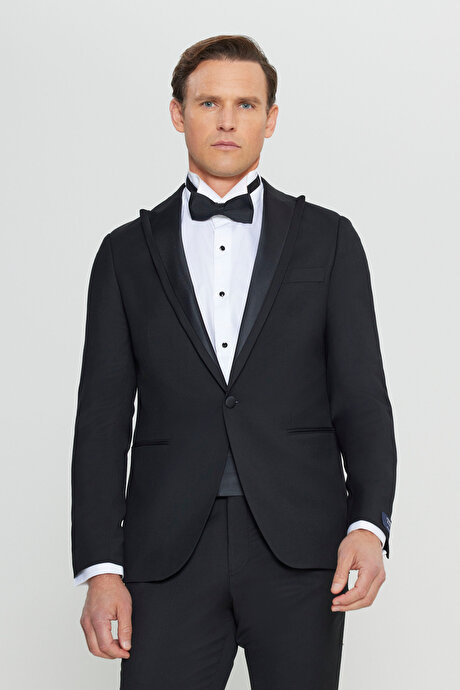 %100 Yün Slim Fit Dar Kesim Kırlangıç Yaka Fleto Cepli Damatlık Siyah Smokin Takım resmi