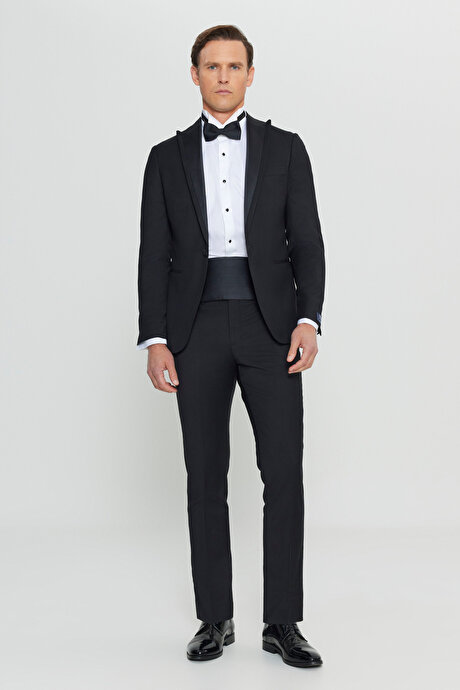 %100 Yün Slim Fit Dar Kesim Kırlangıç Yaka Fleto Cepli Damatlık Siyah Smokin Takım resmi