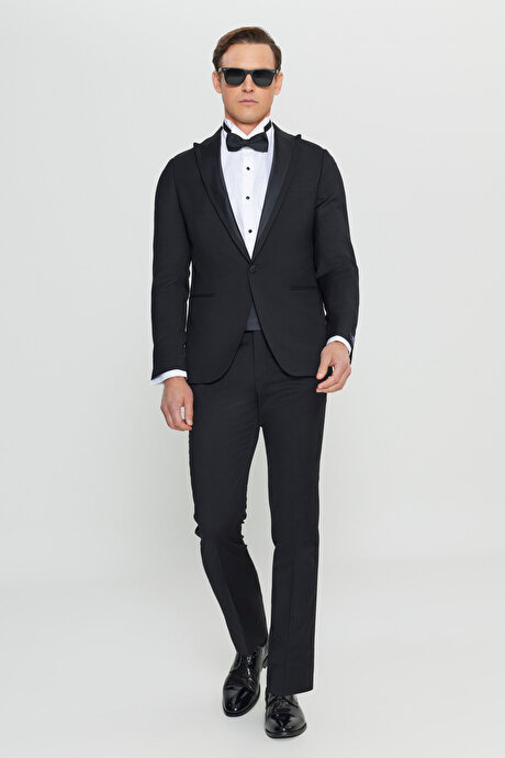 %100 Yün Slim Fit Dar Kesim Kırlangıç Yaka Fleto Cepli Damatlık Siyah Smokin Takım resmi