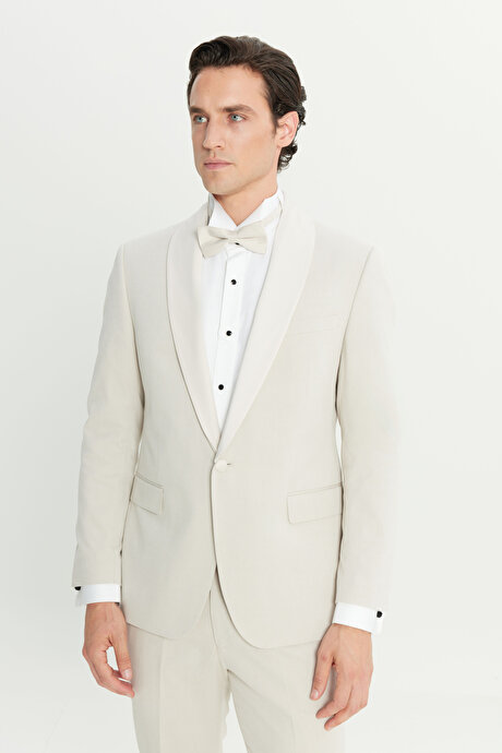 Pamuklu Slim Fit Dar Kesim Çıkma Şal Yaka Kapak Ceplii Damatlık Bej Smokin Takım resmi