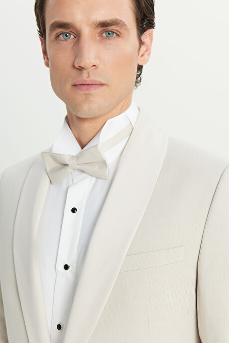 Pamuklu Slim Fit Dar Kesim Çıkma Şal Yaka Kapak Ceplii Damatlık Bej Smokin Takım resmi