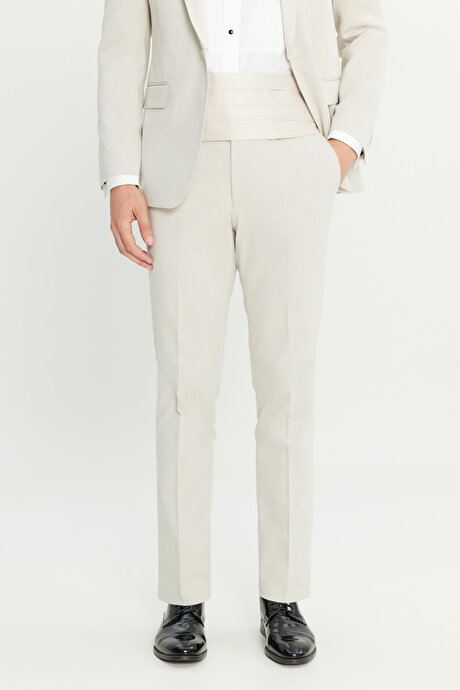 Pamuklu Slim Fit Dar Kesim Çıkma Şal Yaka Kapak Ceplii Damatlık Bej Smokin Takım resmi