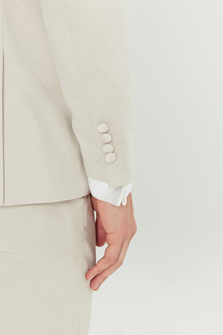 Pamuklu Slim Fit Dar Kesim Çıkma Şal Yaka Kapak Ceplii Damatlık Bej Smokin Takım resmi