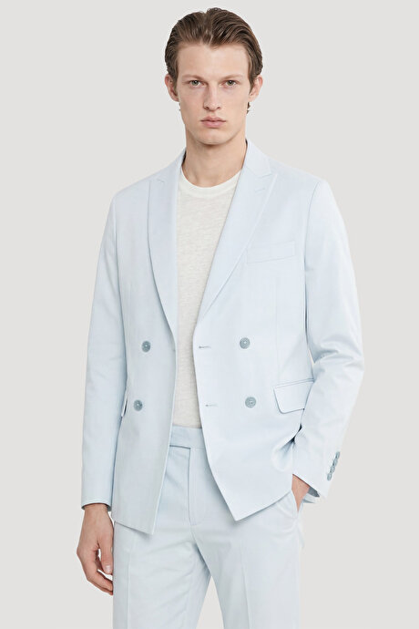 Slim Fit Dar Kesim Kırlangıç Yaka Kapak Cepli Kruvaze Açık Mavi Smokin Takım resmi