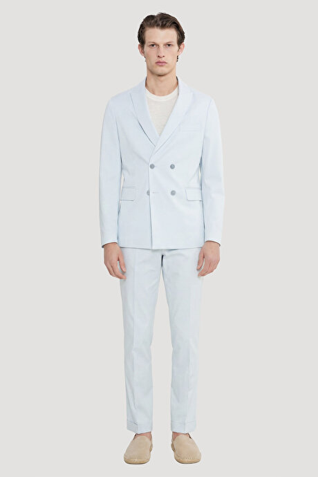 Slim Fit Dar Kesim Kırlangıç Yaka Kapak Cepli Kruvaze Açık Mavi Smokin Takım resmi