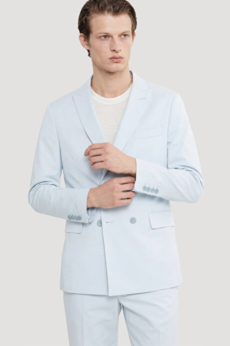 Slim Fit Dar Kesim Kırlangıç Yaka Kapak Cepli Kruvaze Açık Mavi Smokin Takım resmi