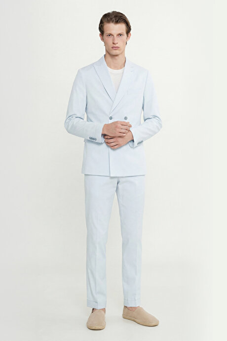 Slim Fit Dar Kesim Kırlangıç Yaka Kapak Cepli Kruvaze Açık Mavi Smokin Takım resmi