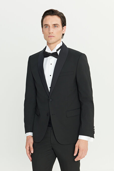 Slim Fit Dar Kesim Çıkma Şal Yaka Kapak Cepli Esnek Damatlık Siyah Smokin Takım resmi