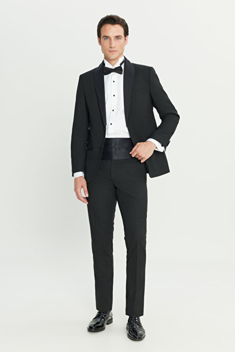 Slim Fit Dar Kesim Çıkma Şal Yaka Kapak Cepli Esnek Damatlık Siyah Smokin Takım resmi