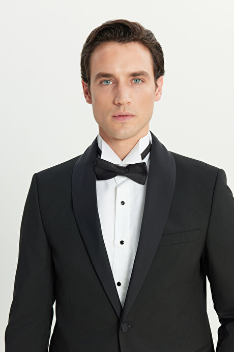 Slim Fit Dar Kesim Çıkma Şal Yaka Kapak Cepli Esnek Damatlık Siyah Smokin Takım resmi