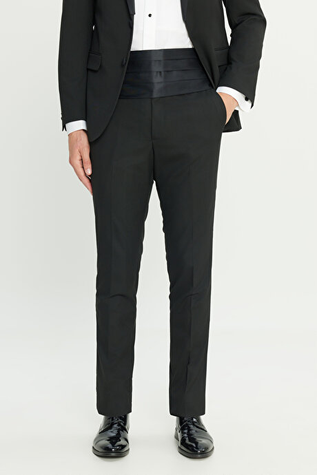 Slim Fit Dar Kesim Çıkma Şal Yaka Kapak Cepli Esnek Damatlık Siyah Smokin Takım resmi