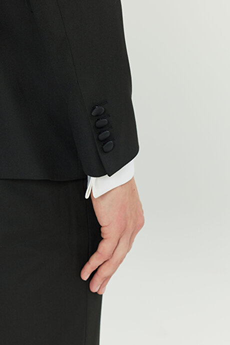 Slim Fit Dar Kesim Çıkma Şal Yaka Kapak Cepli Esnek Damatlık Siyah Smokin Takım resmi