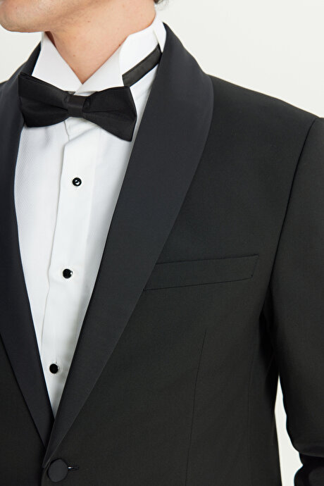 Slim Fit Dar Kesim Çıkma Şal Yaka Kapak Cepli Esnek Damatlık Siyah Smokin Takım resmi