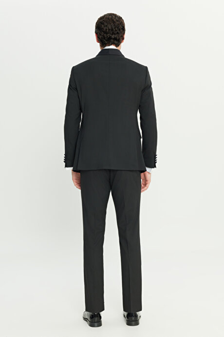 Slim Fit Dar Kesim Çıkma Şal Yaka Kapak Cepli Esnek Damatlık Siyah Smokin Takım resmi