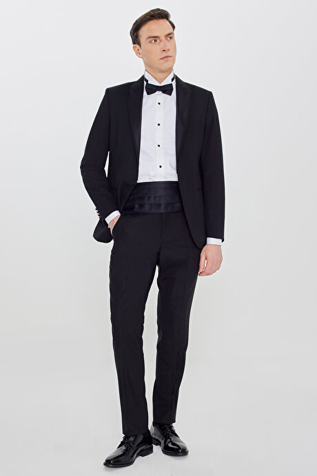 Slim Fit Dar Kesim Çıkma Kırlangıç Yaka Beli Gizli Lastikli Fleto Cepli Damatlık Siyah Smokin Takım resmi