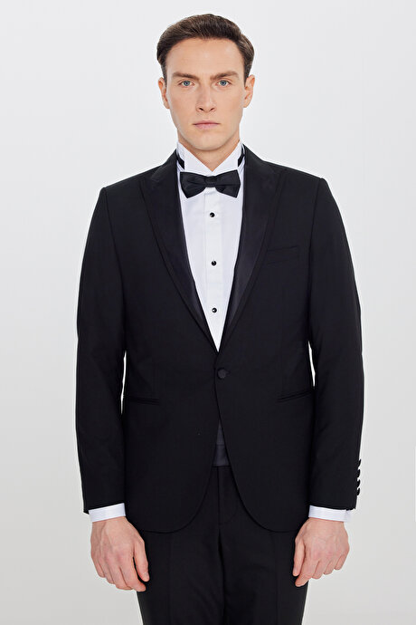 Slim Fit Dar Kesim Çıkma Kırlangıç Yaka Beli Gizli Lastikli Fleto Cepli Damatlık Siyah Smokin Takım resmi