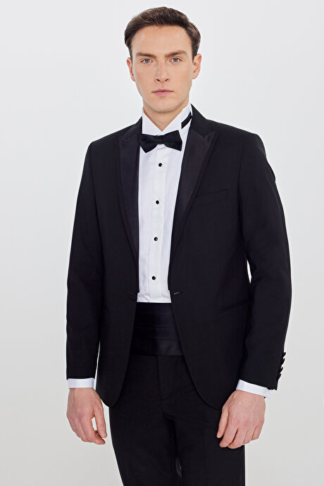Slim Fit Dar Kesim Çıkma Kırlangıç Yaka Beli Gizli Lastikli Fleto Cepli Damatlık Siyah Smokin Takım resmi