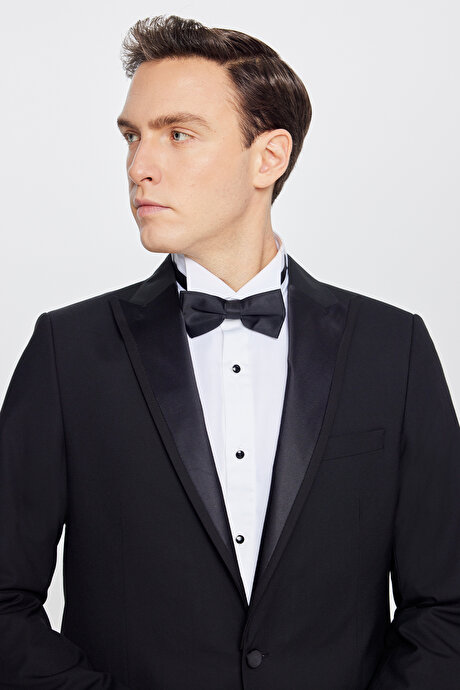 Slim Fit Dar Kesim Çıkma Kırlangıç Yaka Beli Gizli Lastikli Fleto Cepli Damatlık Siyah Smokin Takım resmi