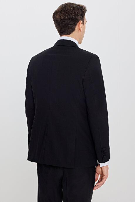 Slim Fit Dar Kesim Çıkma Kırlangıç Yaka Beli Gizli Lastikli Fleto Cepli Damatlık Siyah Smokin Takım resmi