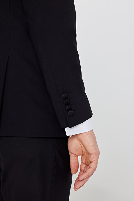 Slim Fit Dar Kesim Çıkma Kırlangıç Yaka Beli Gizli Lastikli Fleto Cepli Damatlık Siyah Smokin Takım resmi