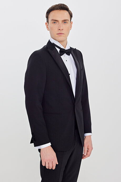 Slim Fit Dar Kesim Çıkma Kırlangıç Yaka Beli Gizli Lastikli Fleto Cepli Armürlü Siyah Smokin Takım resmi