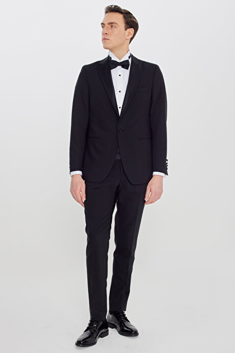 Slim Fit Dar Kesim Çıkma Kırlangıç Yaka Beli Gizli Lastikli Fleto Cepli Armürlü Siyah Smokin Takım resmi