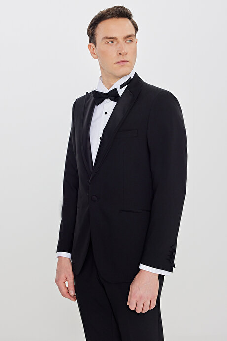 Slim Fit Dar Kesim Çıkma Kırlangıç Yaka Beli Gizli Lastikli Fleto Cepli Armürlü Siyah Smokin Takım resmi