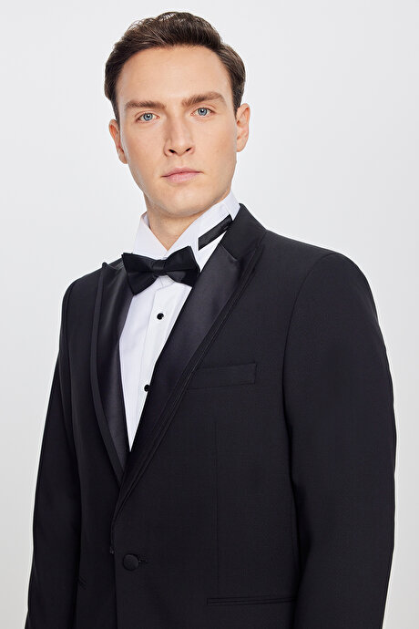 Slim Fit Dar Kesim Çıkma Kırlangıç Yaka Beli Gizli Lastikli Fleto Cepli Armürlü Siyah Smokin Takım resmi