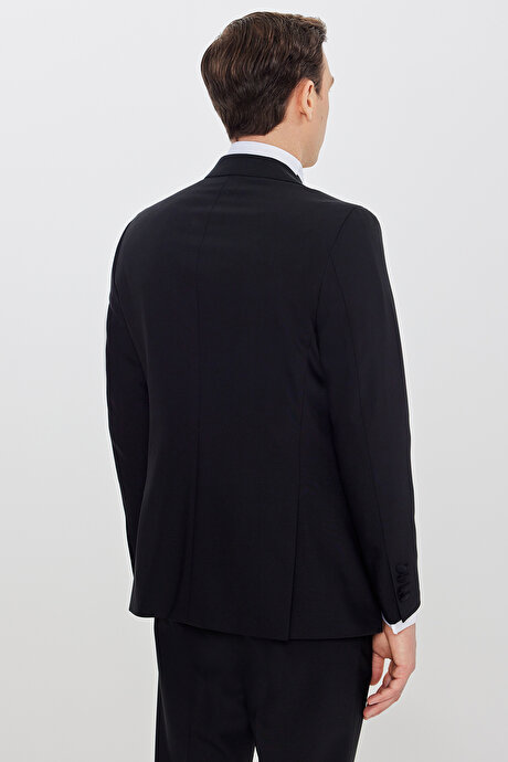 Slim Fit Dar Kesim Çıkma Kırlangıç Yaka Beli Gizli Lastikli Fleto Cepli Armürlü Siyah Smokin Takım resmi