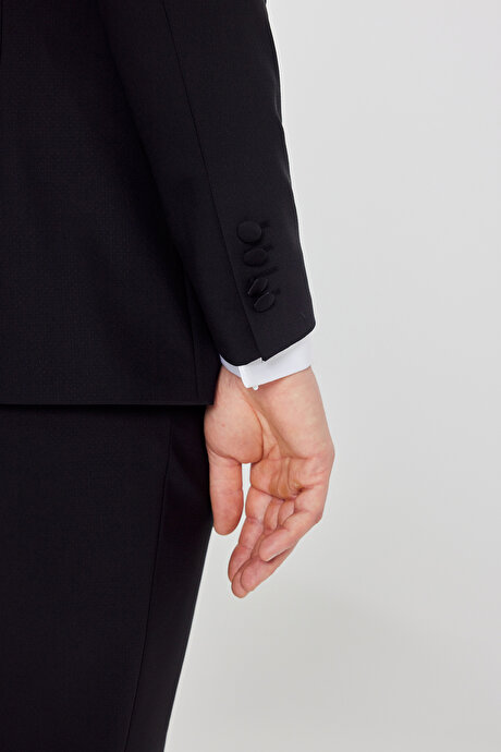 Slim Fit Dar Kesim Çıkma Kırlangıç Yaka Beli Gizli Lastikli Fleto Cepli Armürlü Siyah Smokin Takım resmi