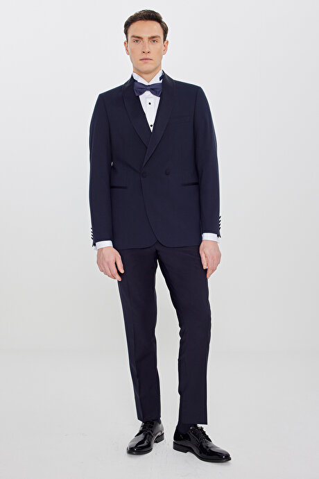 Slim Fit Dar Kesim Çıkma Şal Yaka Beli Gizli Lastikli Çift Fleto Cepli Damatlık Lacivert Smokin Takım resmi