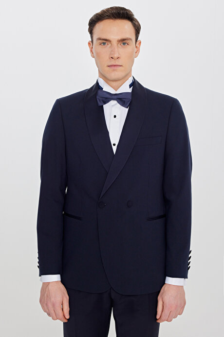 Slim Fit Dar Kesim Çıkma Şal Yaka Beli Gizli Lastikli Çift Fleto Cepli Damatlık Lacivert Smokin Takım resmi