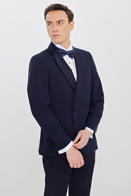 Slim Fit Dar Kesim Çıkma Şal Yaka Beli Gizli Lastikli Çift Fleto Cepli Damatlık Lacivert Smokin Takım resmi