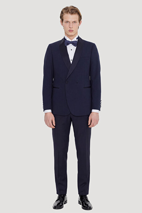 Slim Fit Dar Kesim Çıkma Şal Yaka Beli Gizli Lastikli Çift Fleto Cepli Damatlık Lacivert Smokin Takım resmi