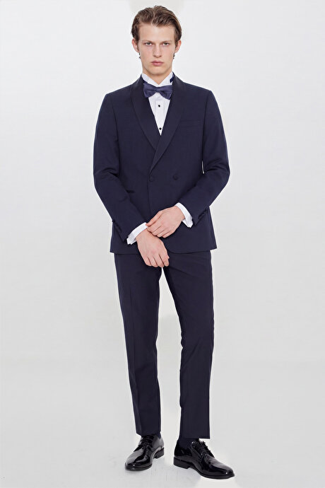 Slim Fit Dar Kesim Çıkma Şal Yaka Beli Gizli Lastikli Çift Fleto Cepli Damatlık Lacivert Smokin Takım resmi