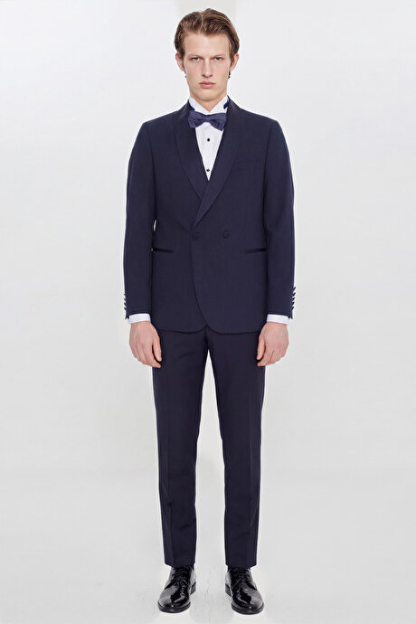 Slim Fit Dar Kesim Çıkma Şal Yaka Beli Gizli Lastikli Çift Fleto Cepli Damatlık Lacivert Smokin Takım resmi